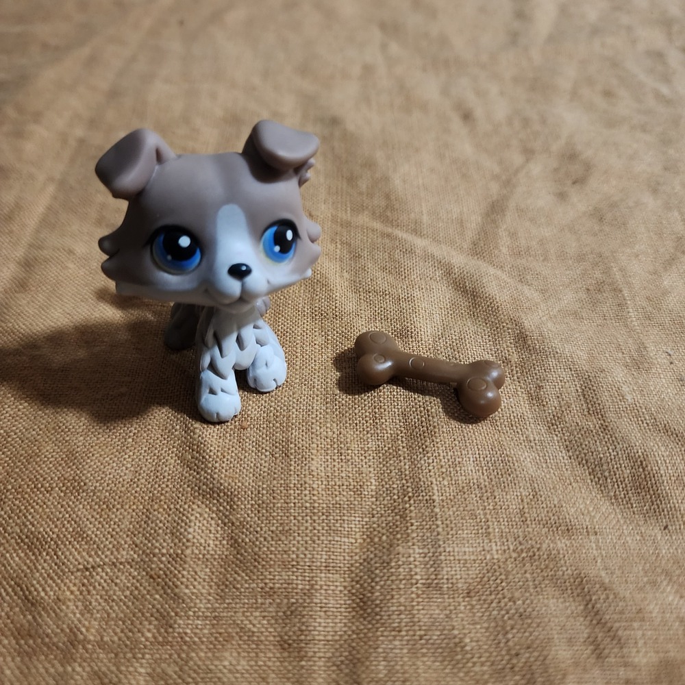 Littlest Pet Shop Border Collie 67 Grey White Blue Eyes Dog Figure with Bone